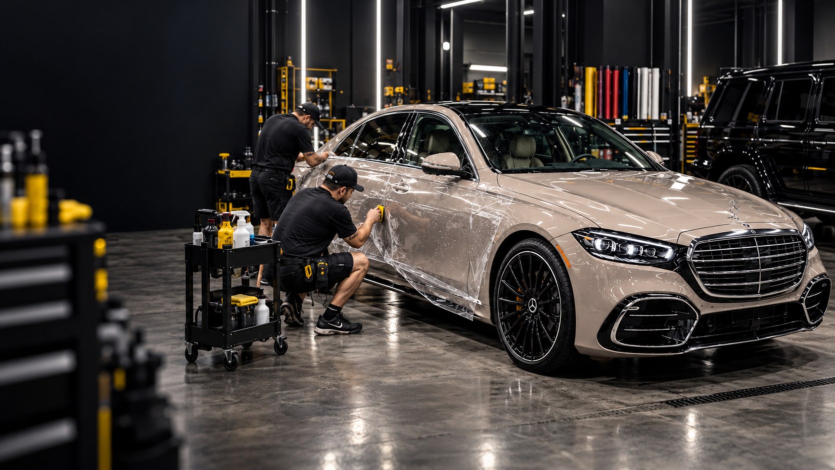 Illustrative scene of two technicians applying protective film to a car in a workshop.