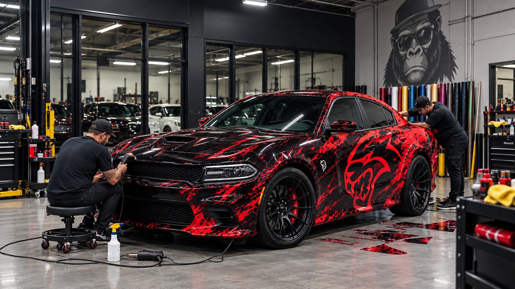 Technicians working on a red and black wrapped car in an image based on the Valoriz poster.