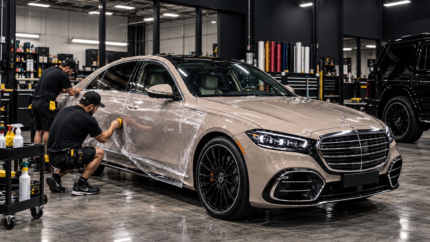 Technicians applying protective film to a car in an image based on the Valoriz poster.