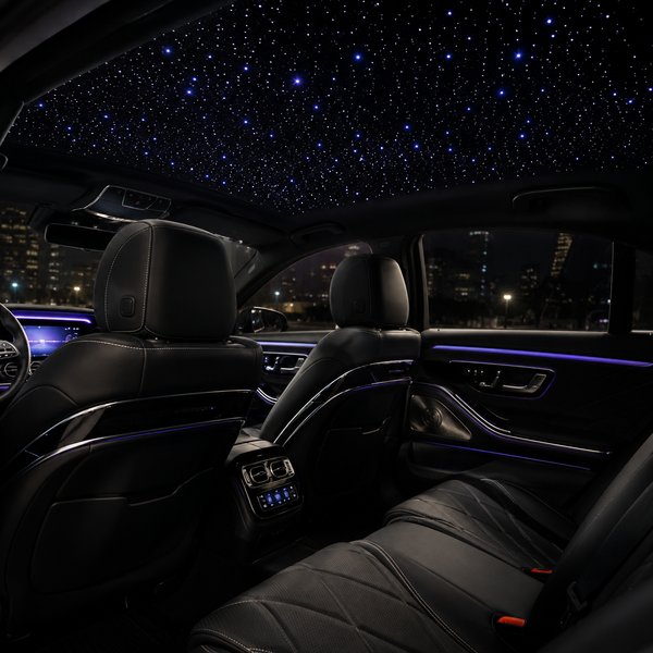 A car cabin with star-like lights across the headliner.