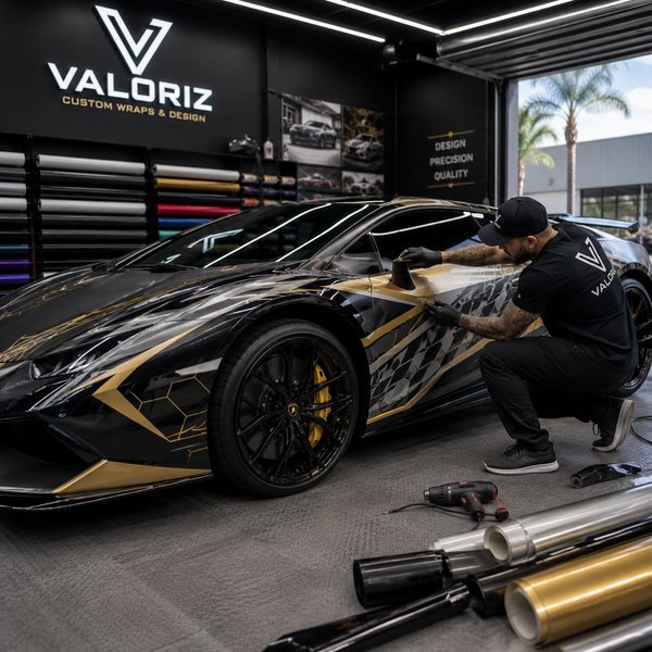 Decorative vinyl being applied to a vehicle inside the studio.