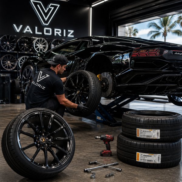 A selection of sport wheels and tires in an automotive studio.