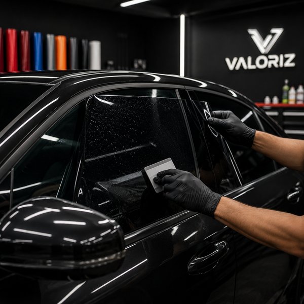 Tint film being installed on a car window.