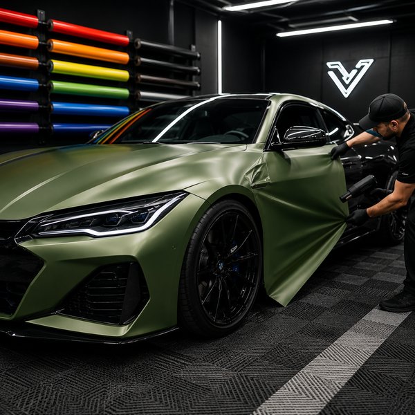 Un técnico aplica vinilo de color a la carrocería de un automóvil deportivo.